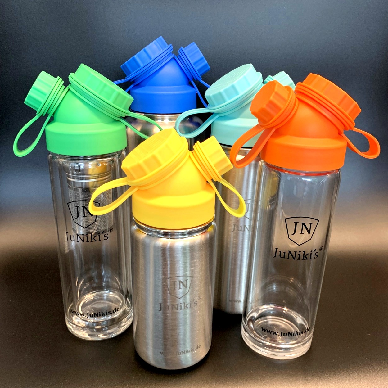 Best-of 5er Set JuNiki´s® eco line isolierte Edelstahl Trinkflasche + Glasflasche